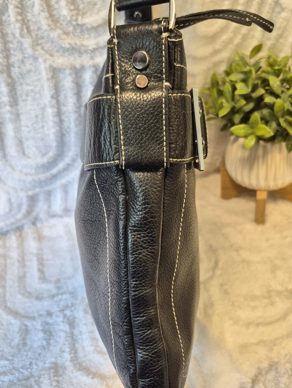Vtg Charles David Genuine Leather Black Shoulder Bag Handbag Purse Y2K Hobo